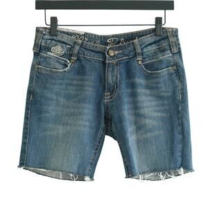 Vintage Wash Low Rise Denim Jean Shorts with Raw Hem & Rhinestone Embellishments
